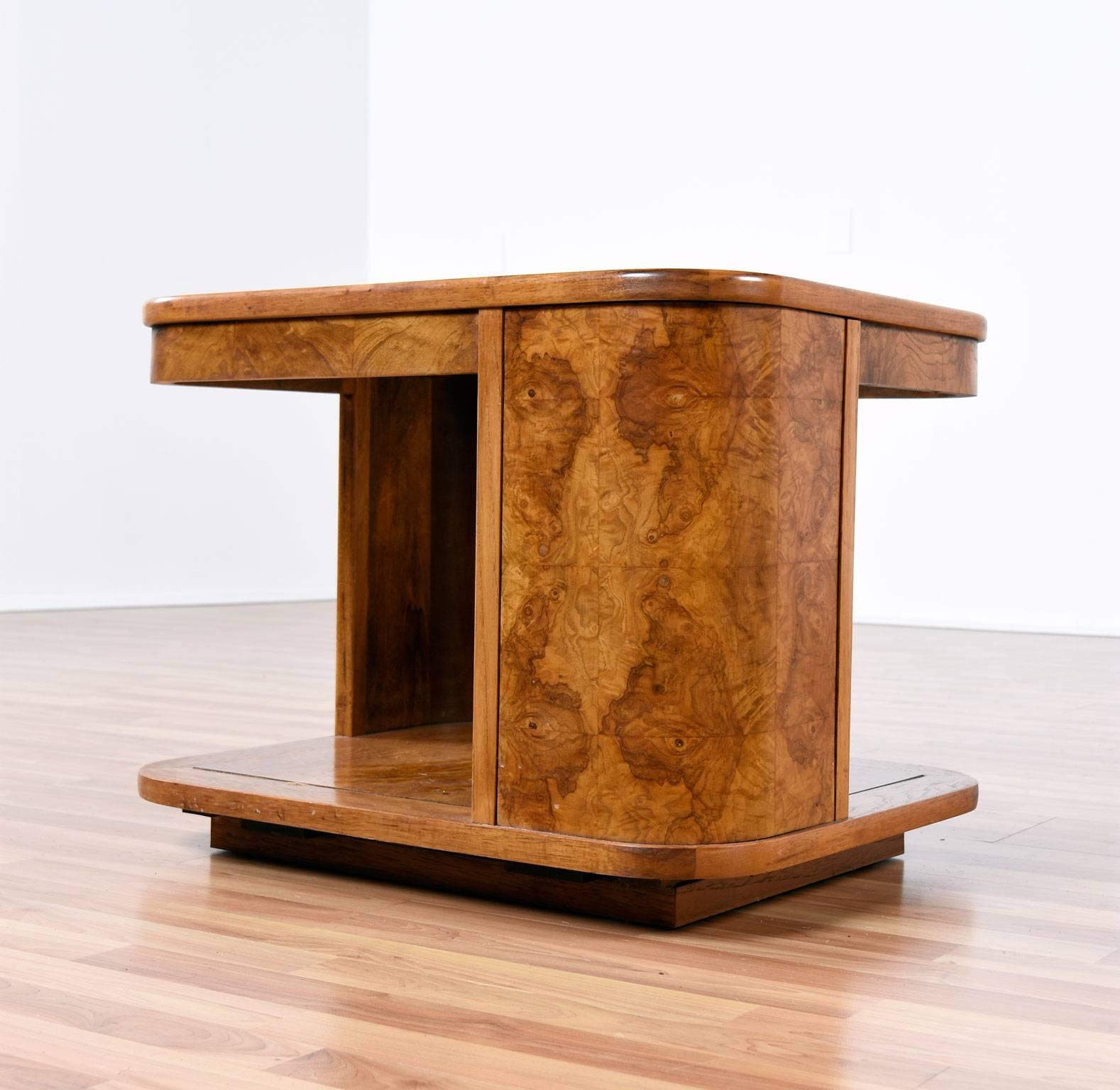 Danish Postmodern Burled Wood and Smoke Glass End Table