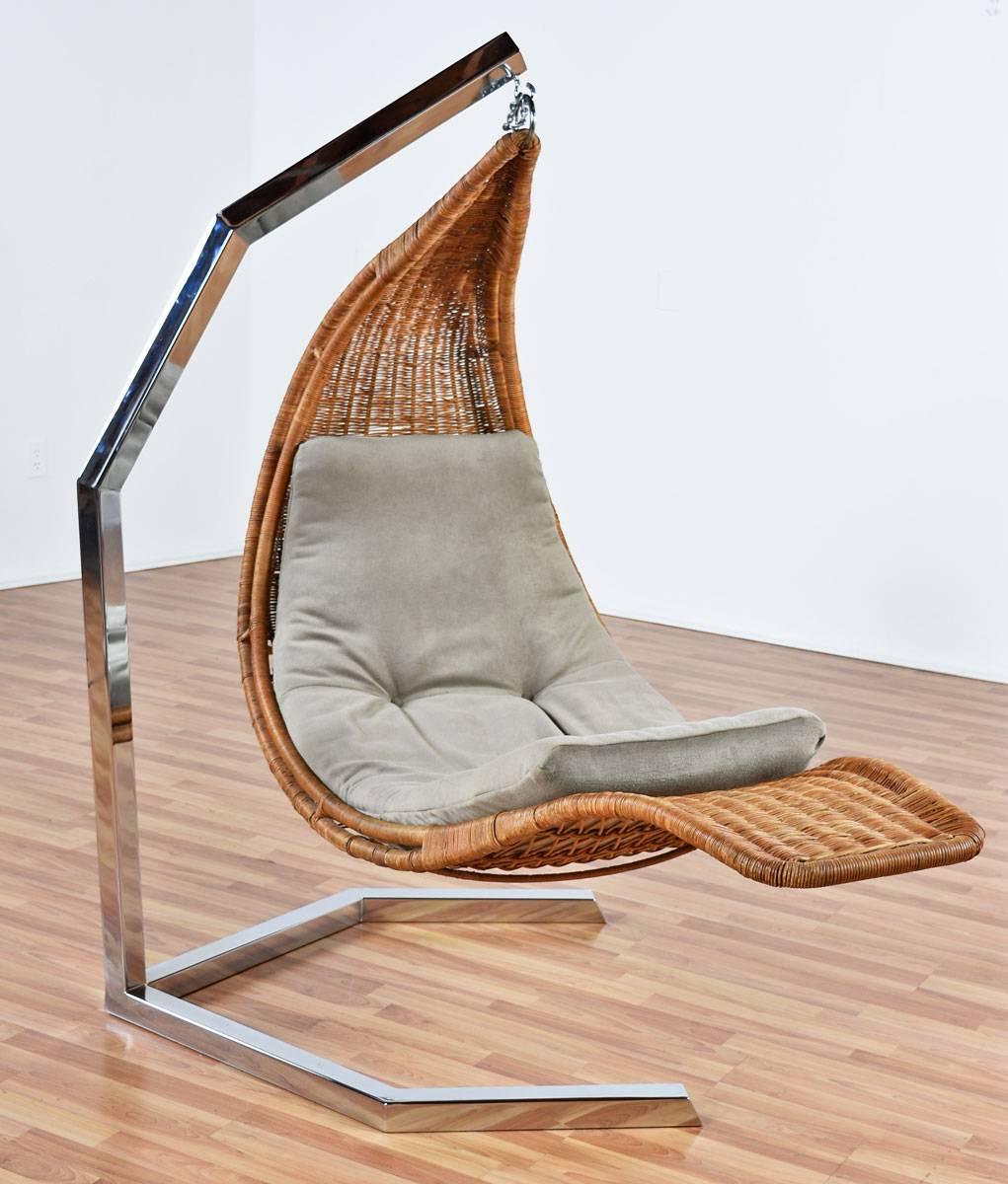 Post-Modern Studio Created Hanging Wicker and Chrome Chaise