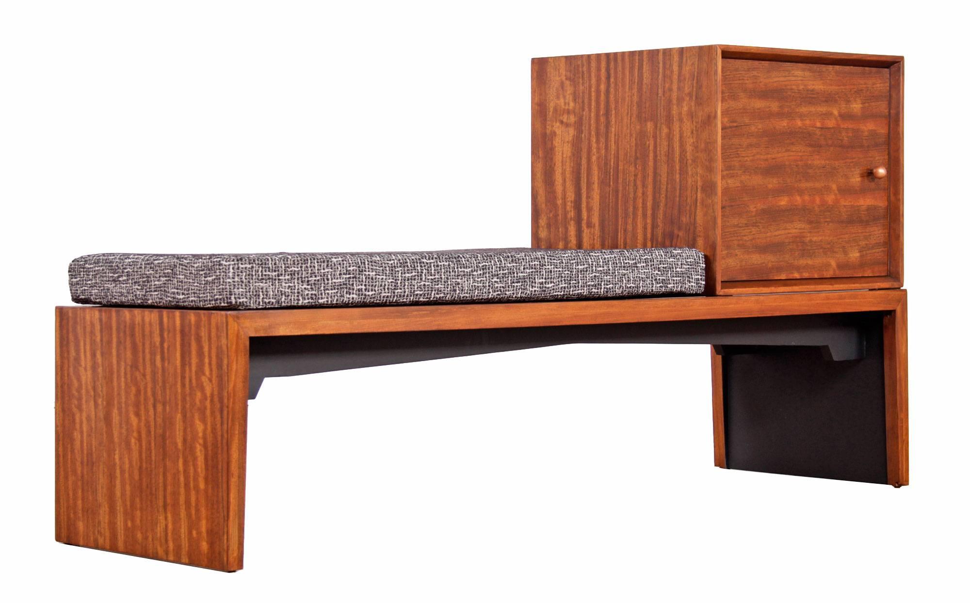 Restored Mid-Century Modern modular bench with storage by Milo Baughman for Drexel Perspective. The unit has been professionally restored with a newly refinished Mindoro wood and cushion with new foam and upholstery. Opt to use the bench as pictured