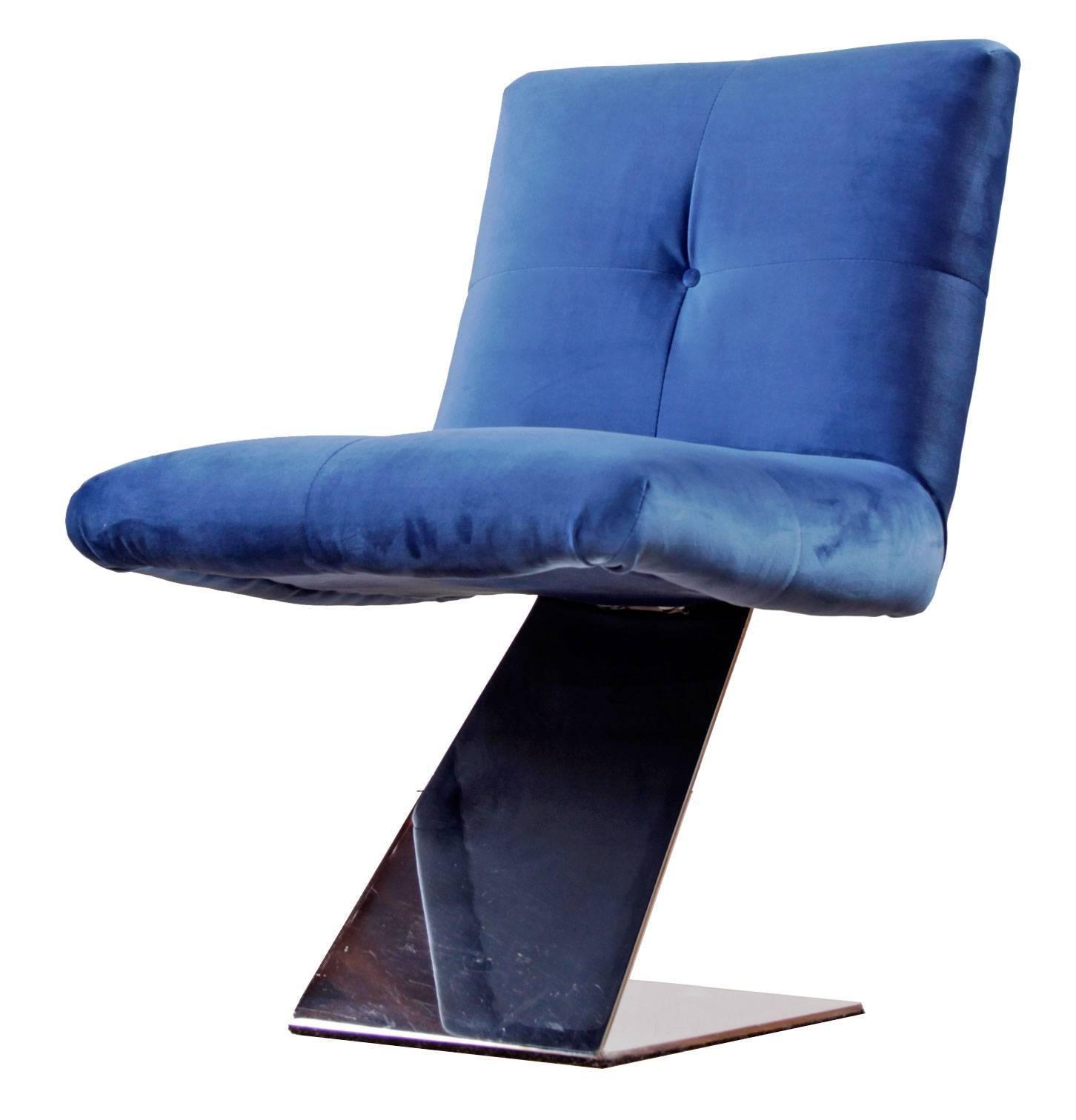 Mid-Century Modern Mid Century Modern Vladimir Kagan Style Chrome Z Chair in Blue Velvet
