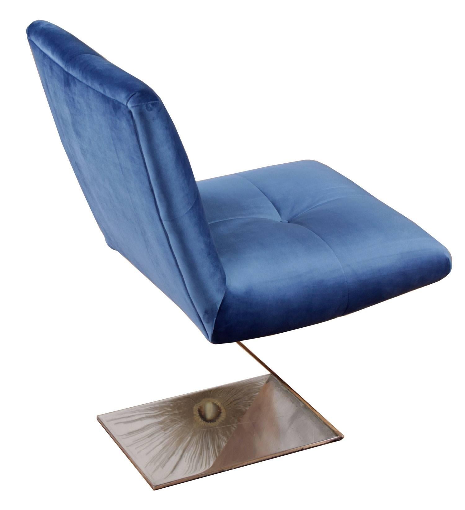 American Mid Century Modern Vladimir Kagan Style Chrome Z Chair in Blue Velvet