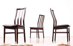 Danish Rosewood Slat High Back Dining Chairs with New Black Vinyl Seats
