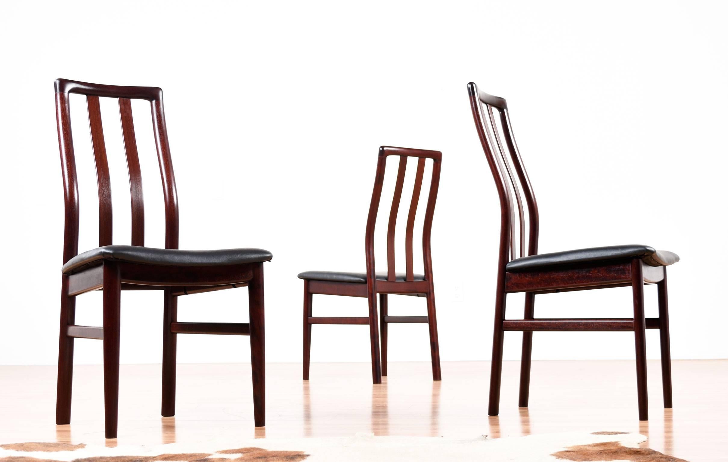 Mid-Century Modern Danish Rosewood Slat High Back Dining Chairs with New Black Vinyl Seats