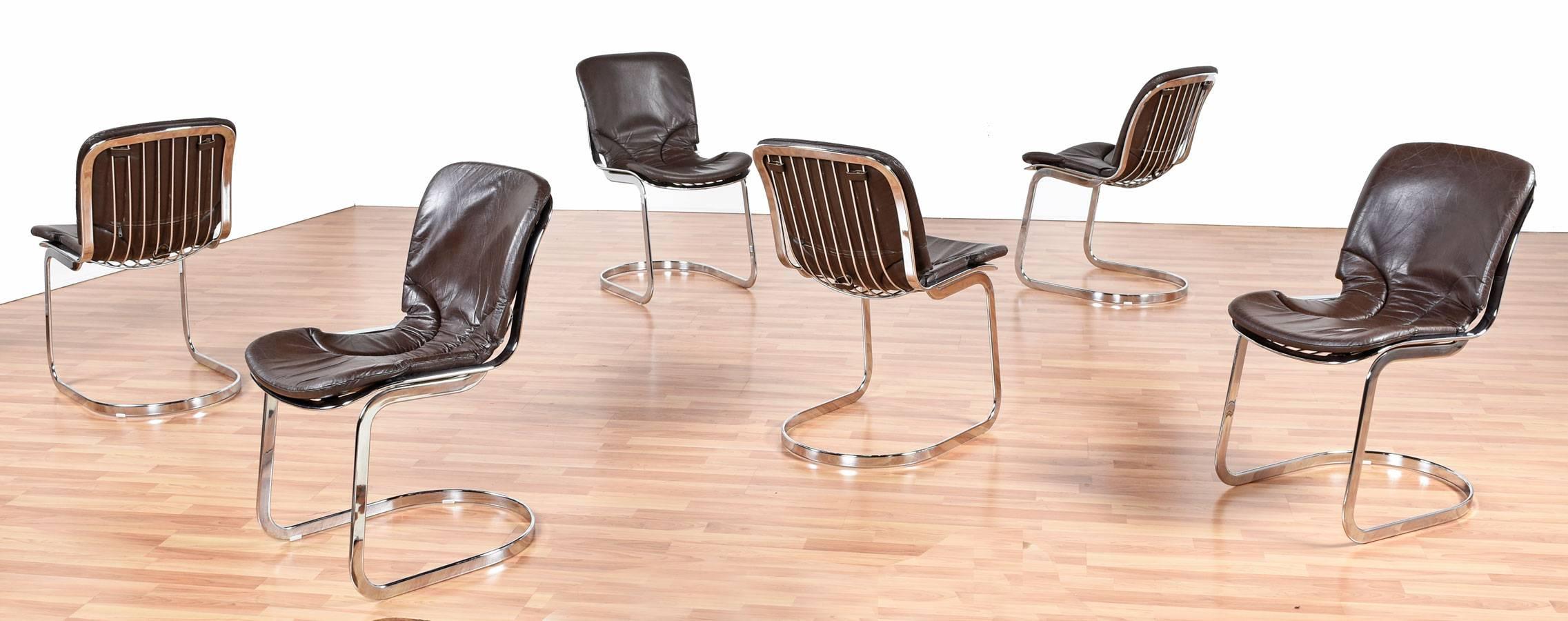 Mid Century Modern Willy Rizzo Style Italian Chrome and Leather Chairs by Cidue 1