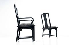 Asian Modern Black Lacquer Chin Hua Dining Chairs by Century