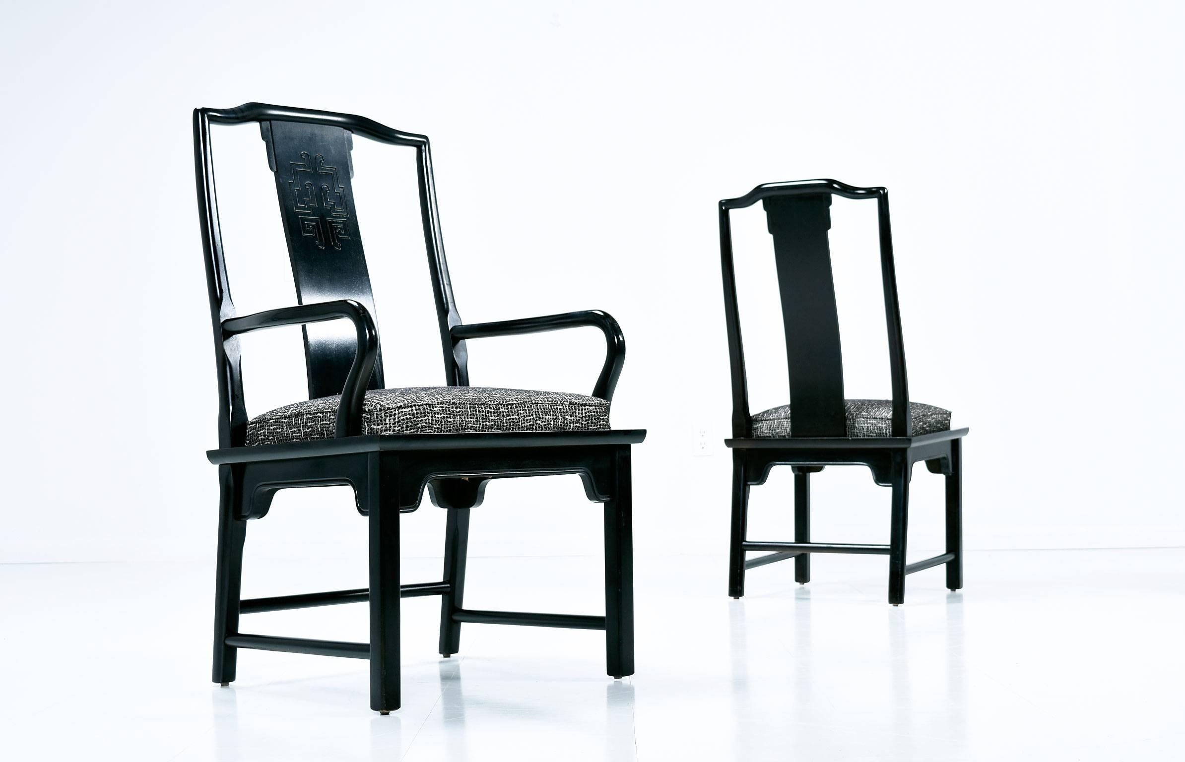 Chinoiserie Asian Modern Black Lacquer Chin Hua Dining Chairs by Century