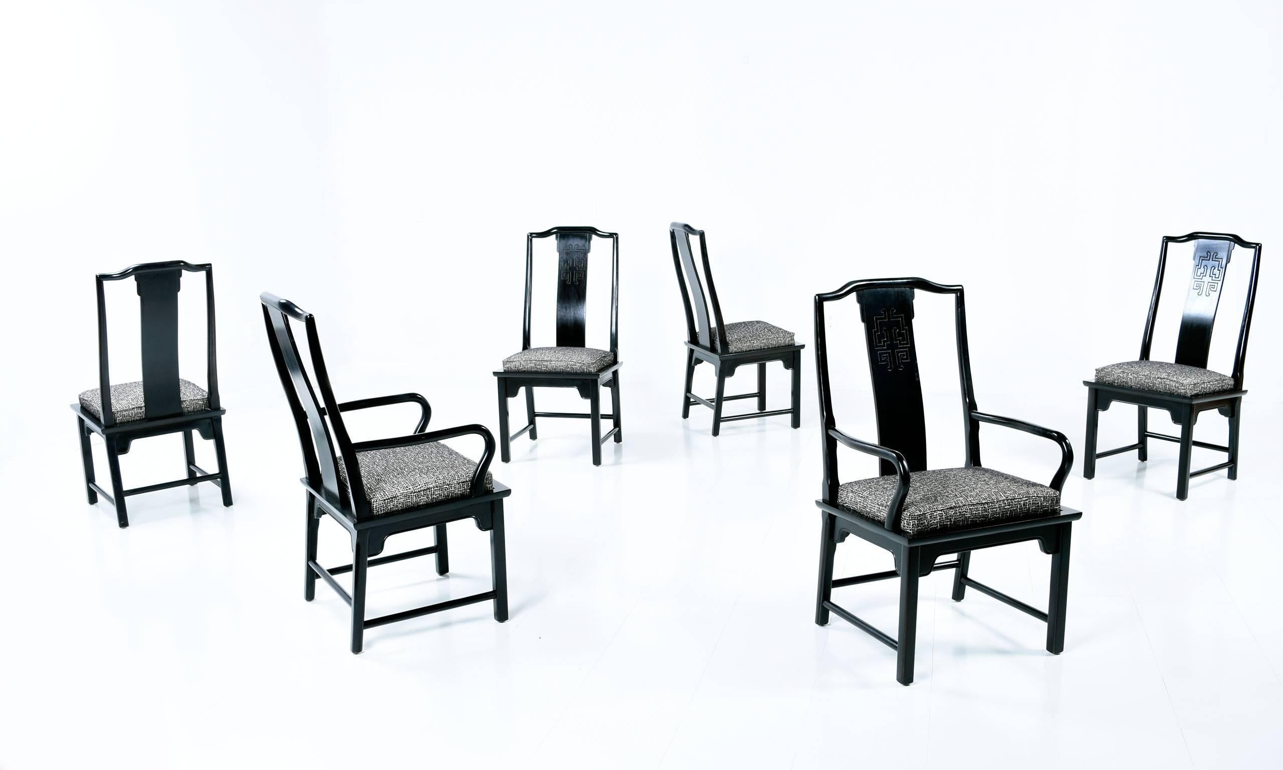 American Asian Modern Black Lacquer Chin Hua Dining Chairs by Century