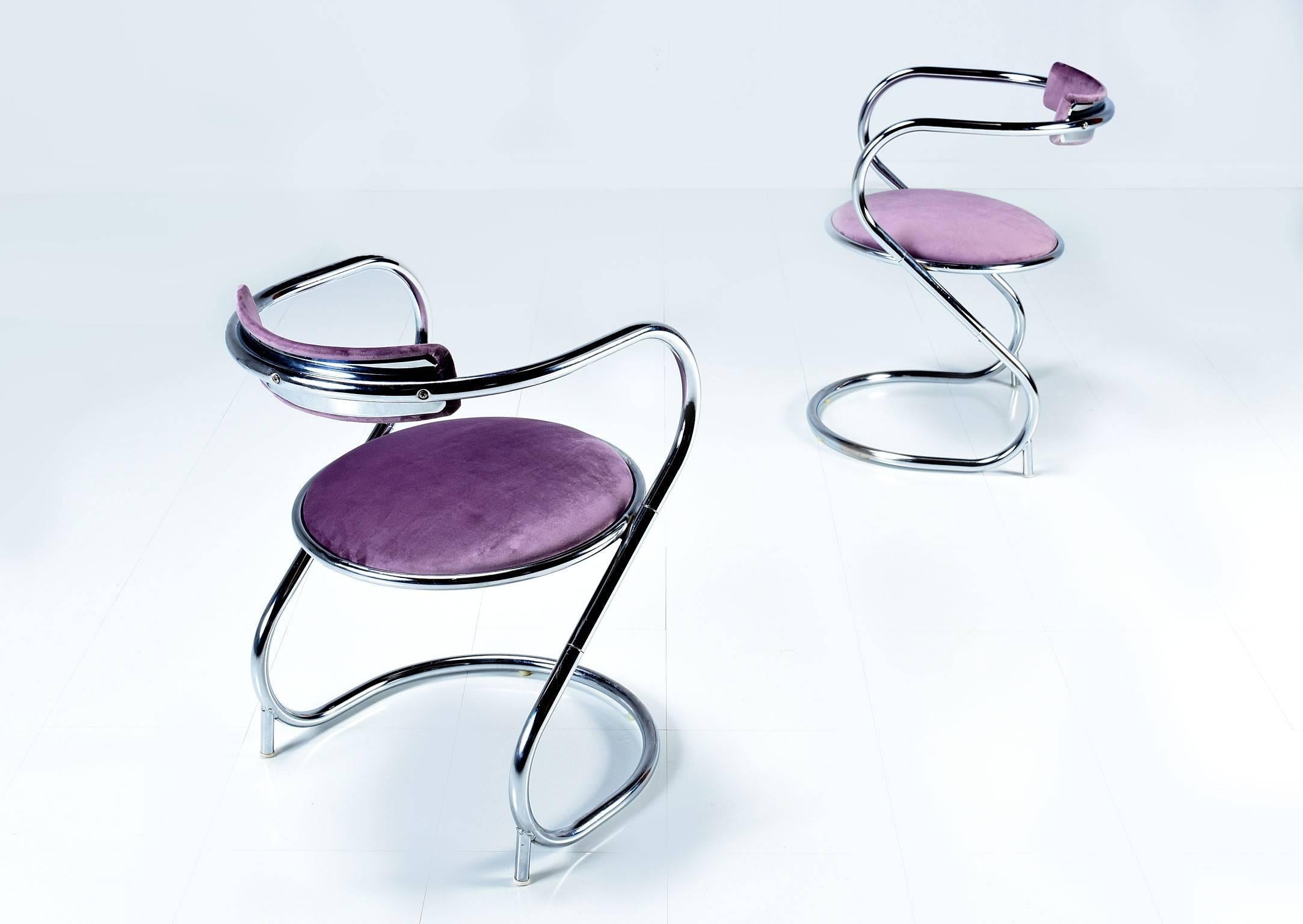 American Art Deco Modern Lavender Velvet and Chrome Armchairs