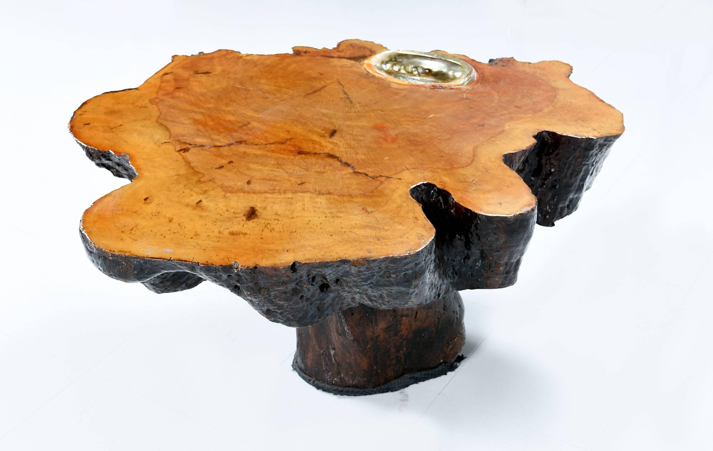 Rustic 1970s Cedar Slab Coffee Table with Abalone Shell