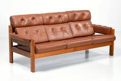Ekornes Tufted Leather and Teak Sofa