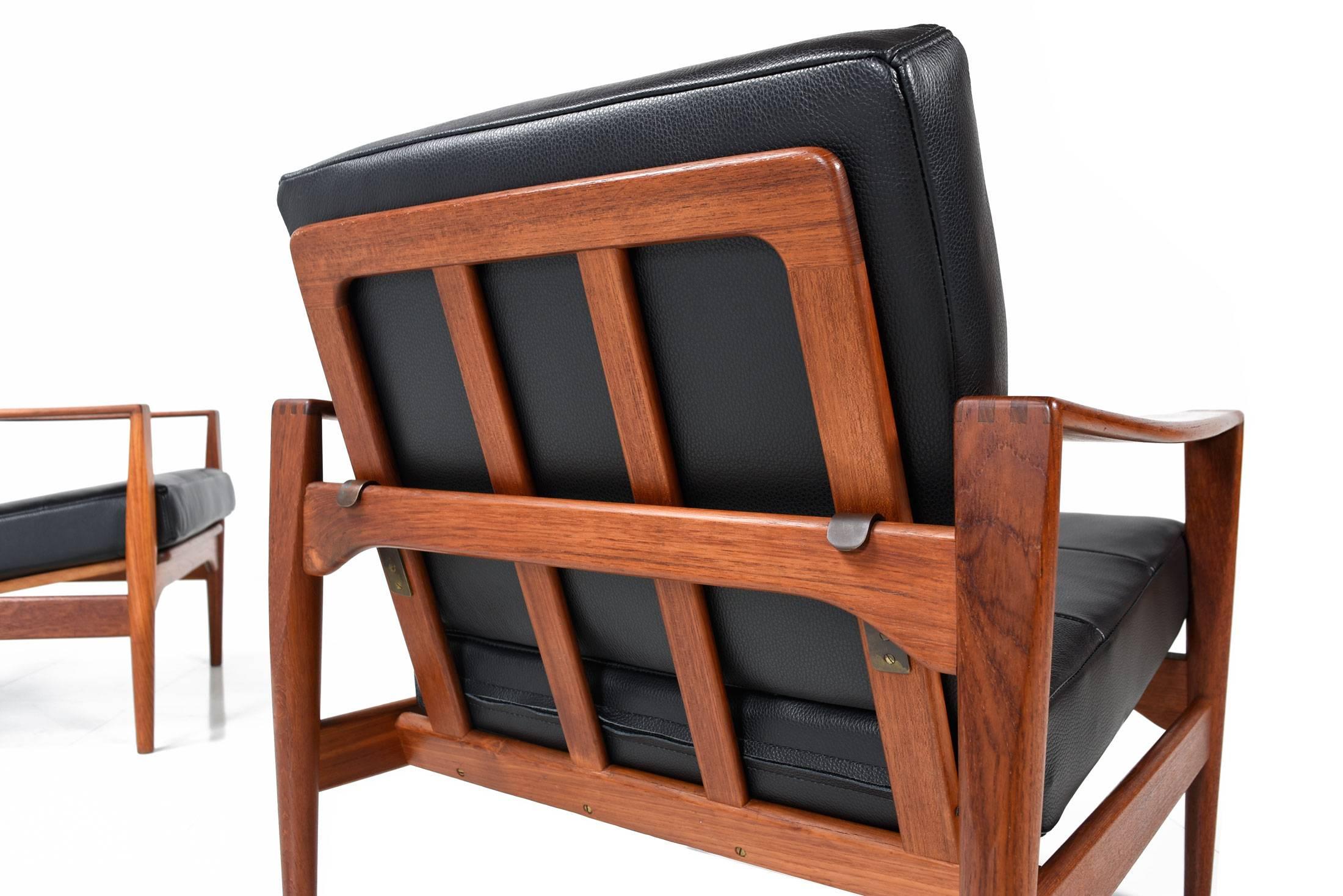 Mid-20th Century Kai Kristiansen Danish Teak and Black Leather Lounge Chairs Circa 1960's