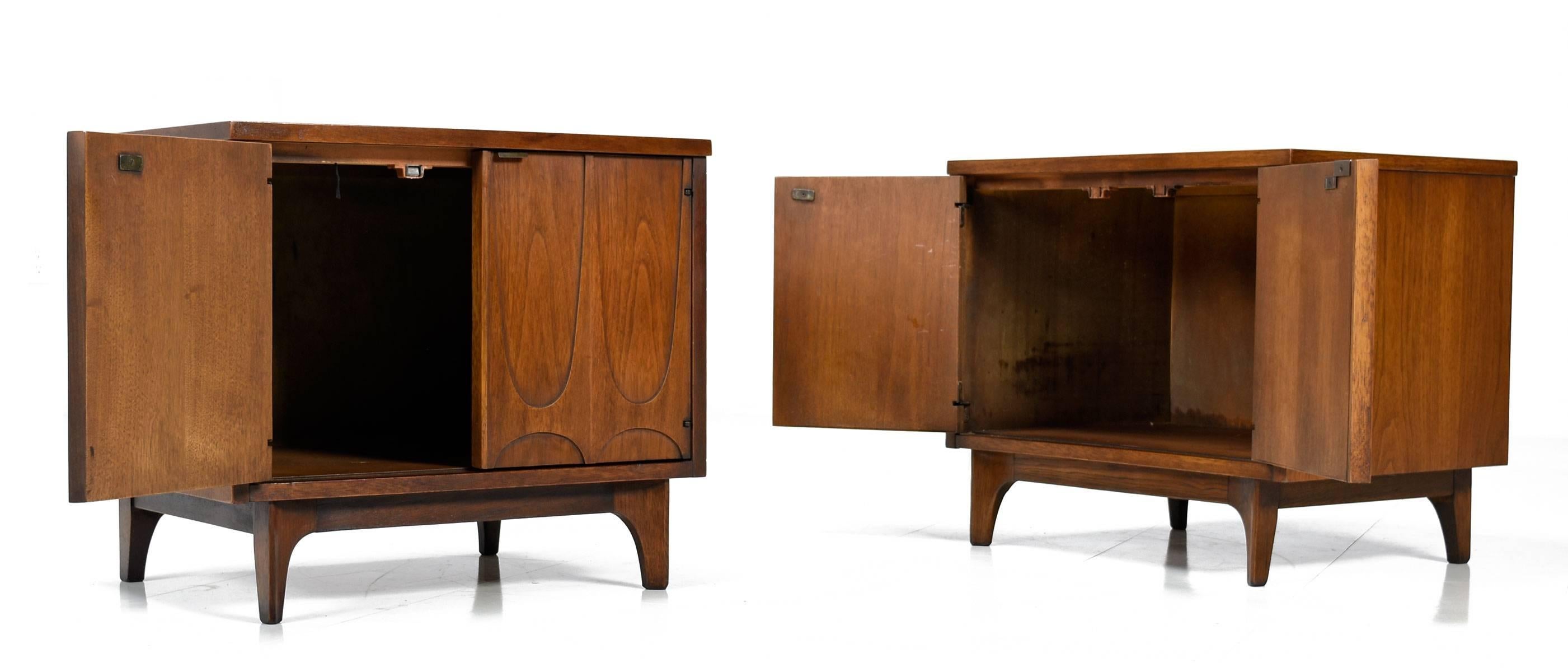 Retro 1960s era pair of Broyhill Brasilia commode cabinets. Named such by Broyhill, these 