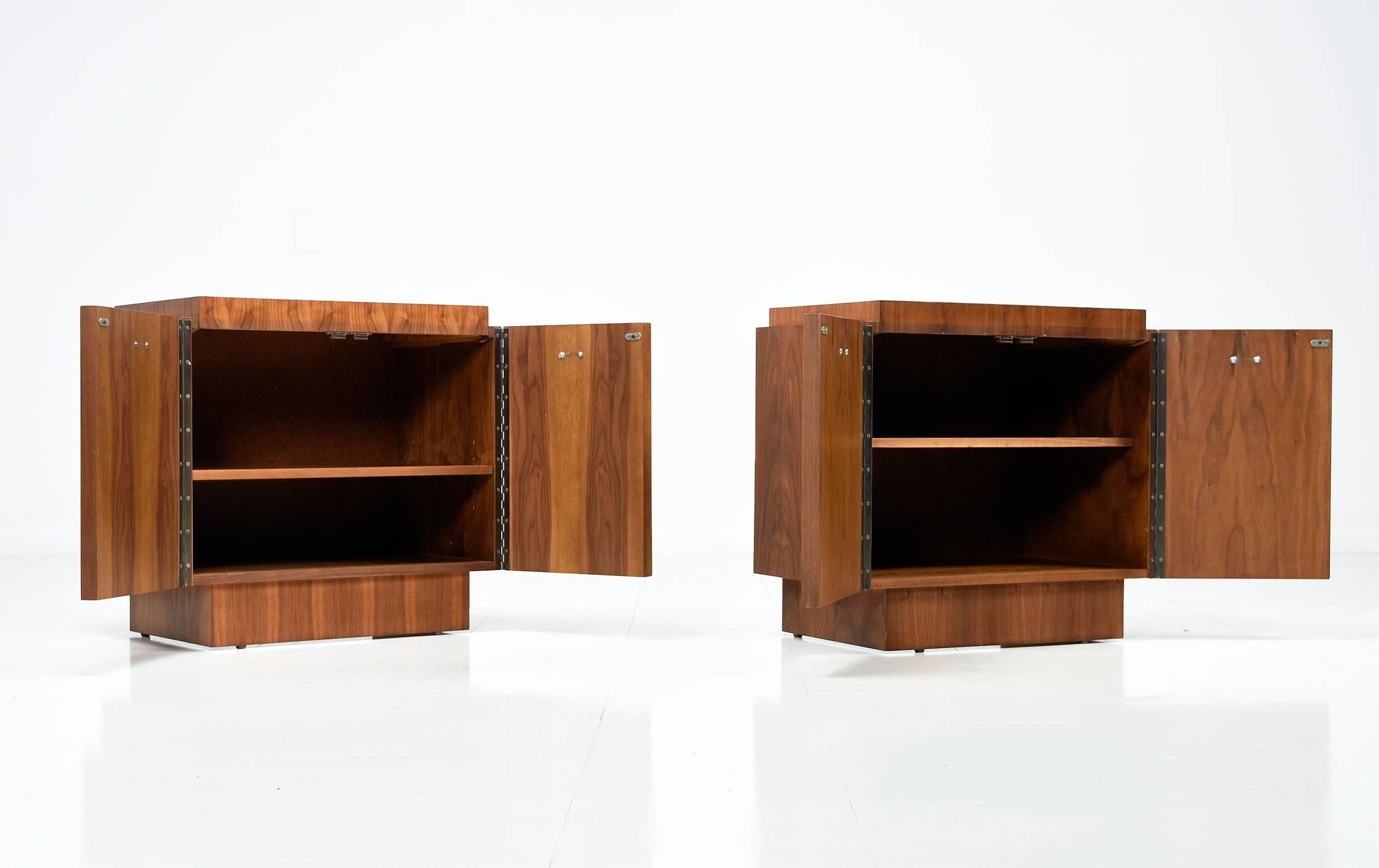 Parquetry 1970's Parquet Front Brutalist Style Walnut Nightstand Cabinet Commodes