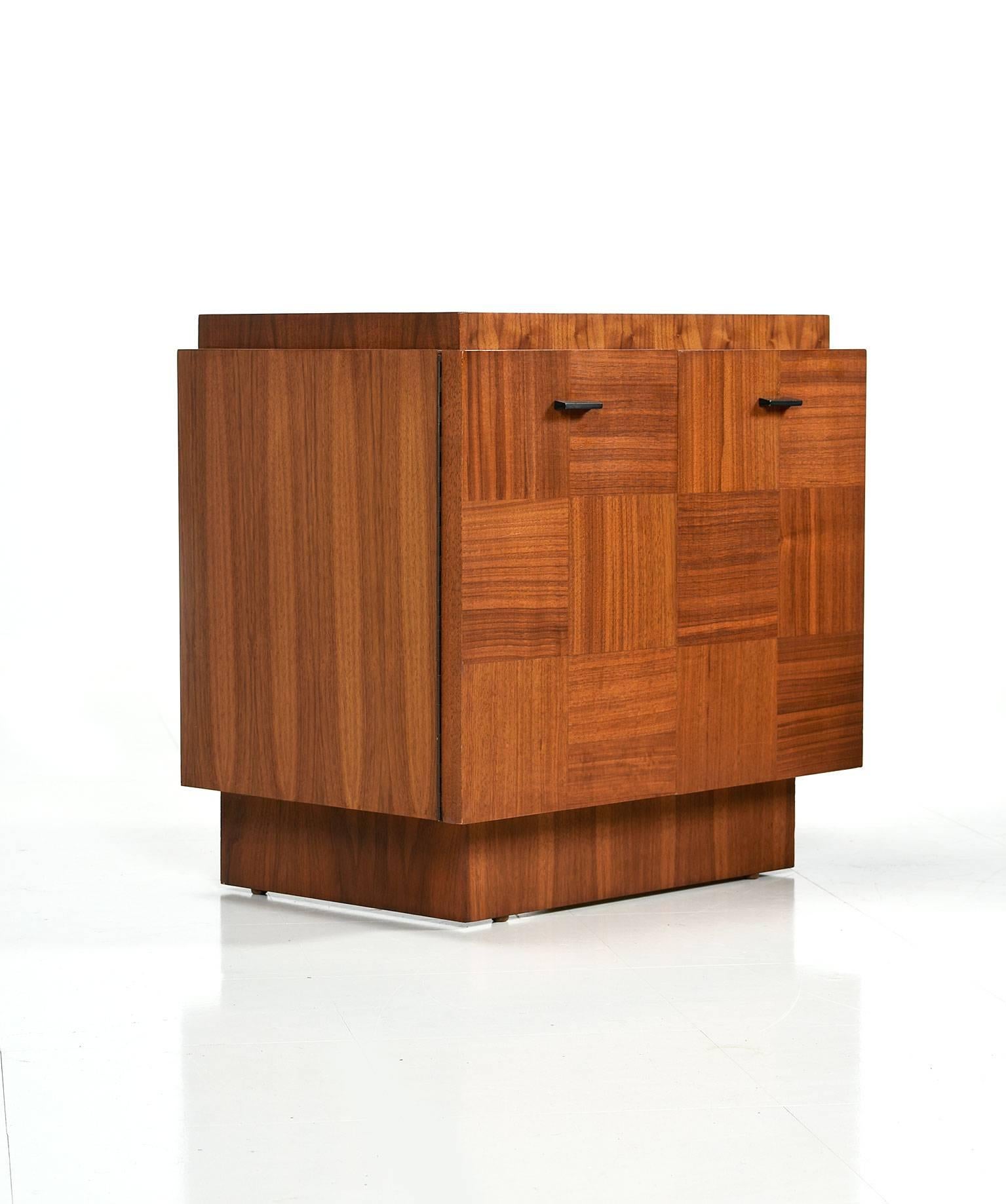 Late 20th Century 1970's Parquet Front Brutalist Style Walnut Nightstand Cabinet Commodes