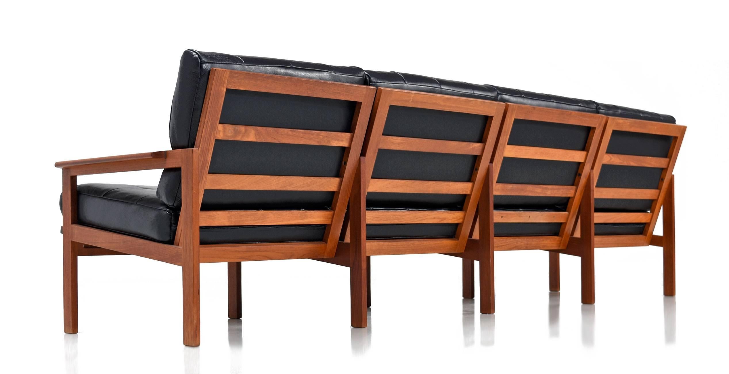 Mid-Century Modern Black Leather Illum Wikkelso for N. Eilersen Adjustable Teak Sofa, 1960s