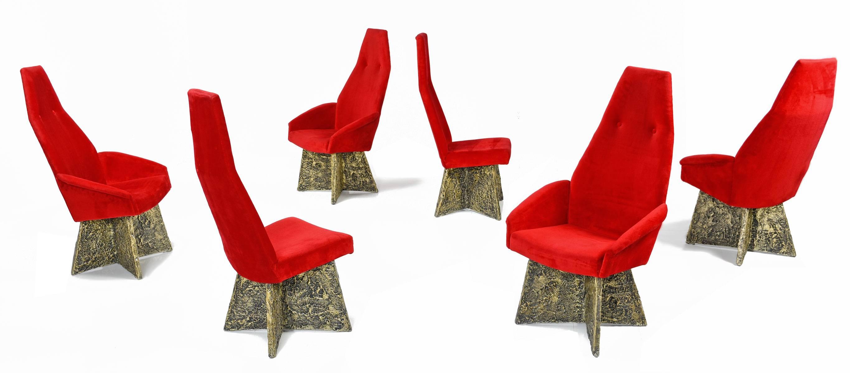 Adrian Pearsall for Lane dining room chairs. This set of six dining room chairs feature four captain's chairs with arms and two armless chairs. All are covered in the original red upholstery, and feature resin carvings on the bases in the style of
