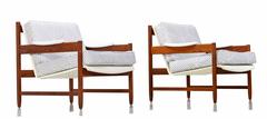 Pair of 60's Vintage Walnut Lounge Chairs & Ottoman w/ White Vinyl Accents