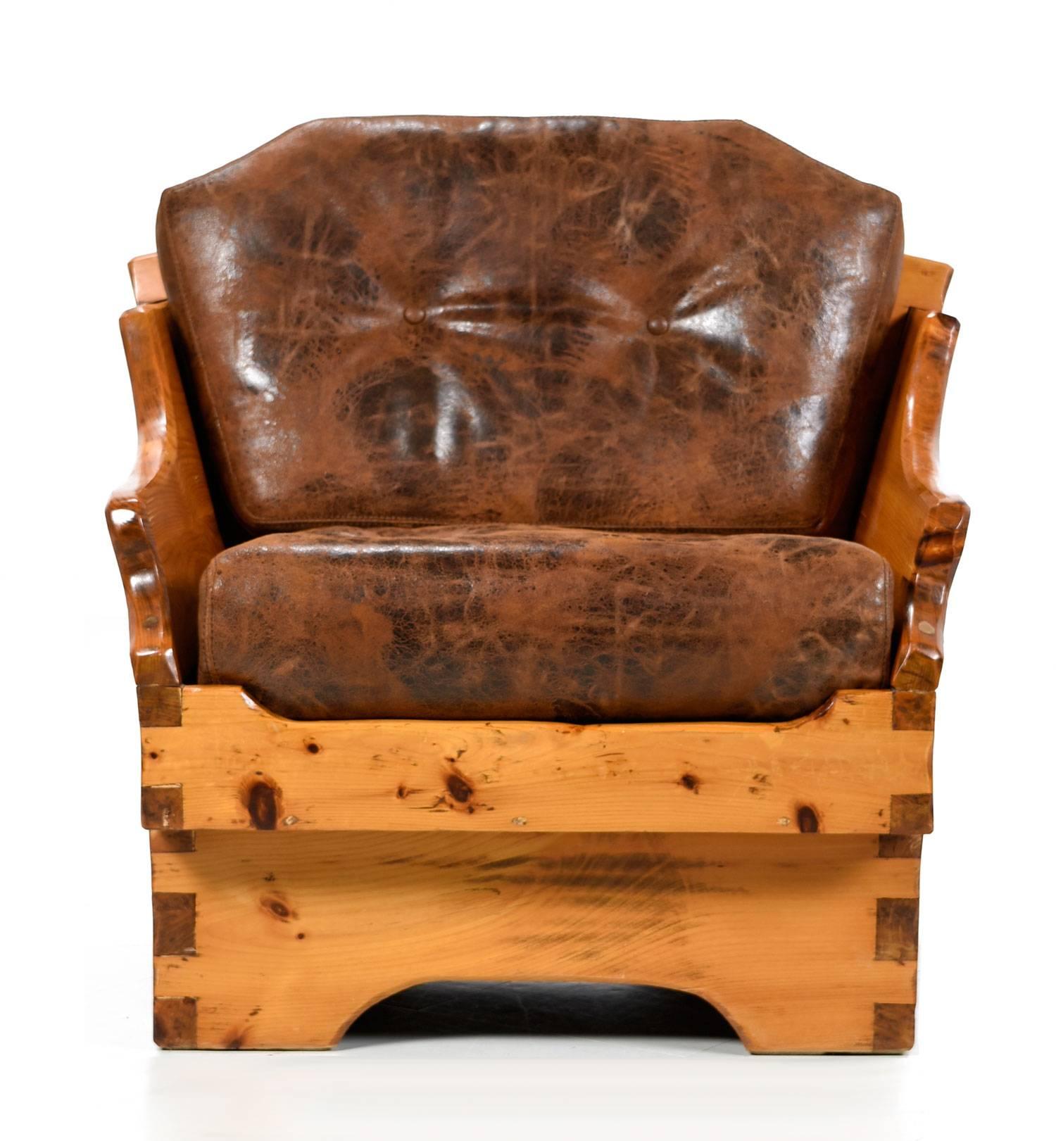 Arts and Crafts 1950s Handmade Rustic Arts & Crafts Style Armchair, Solid Pine and Leather