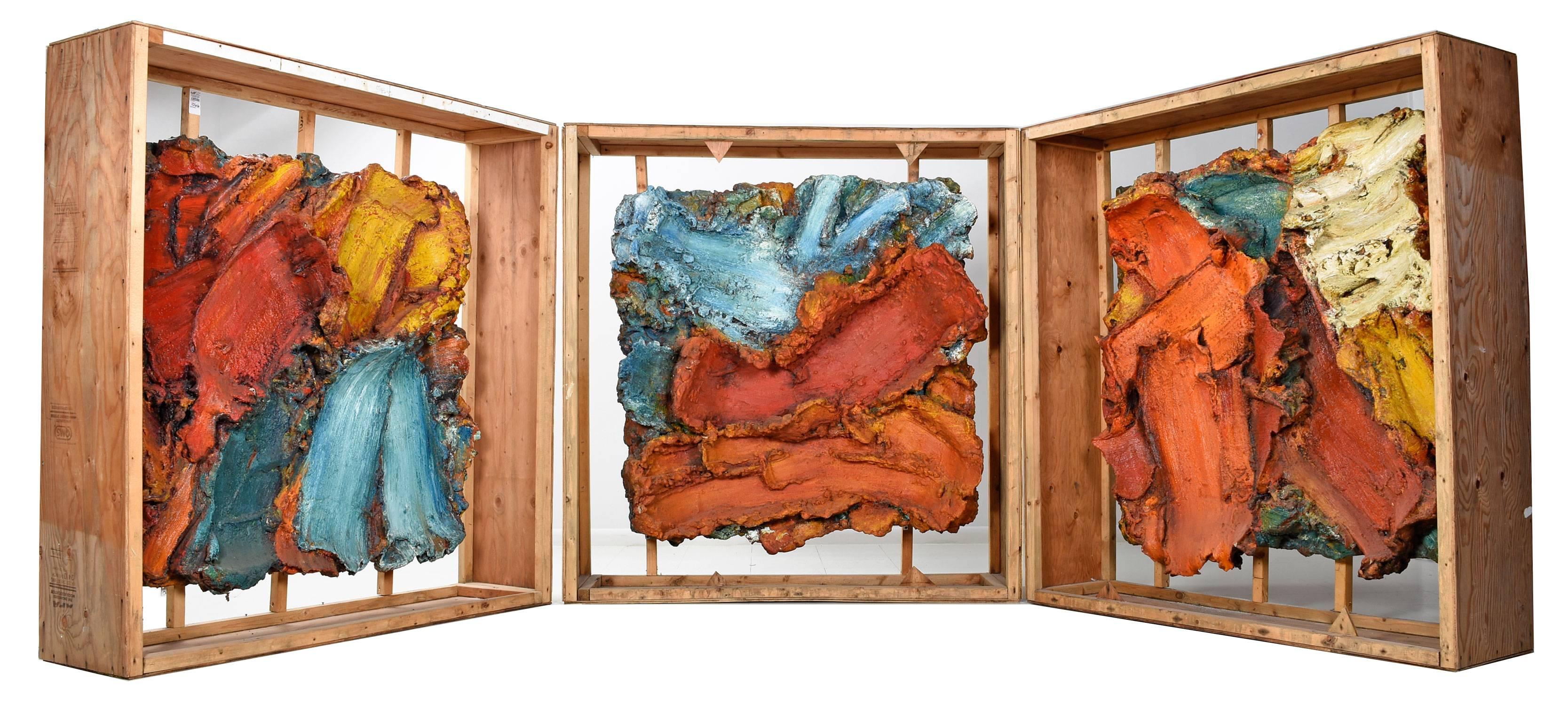 Two large contemporary abstract art pieces remain by California artist, Gary Amerigian. Both pieces are from his Elk series, circa 1996. Oil and mixed-media on board. The three dimensional relief sculpture / paintings are often described as sculpted