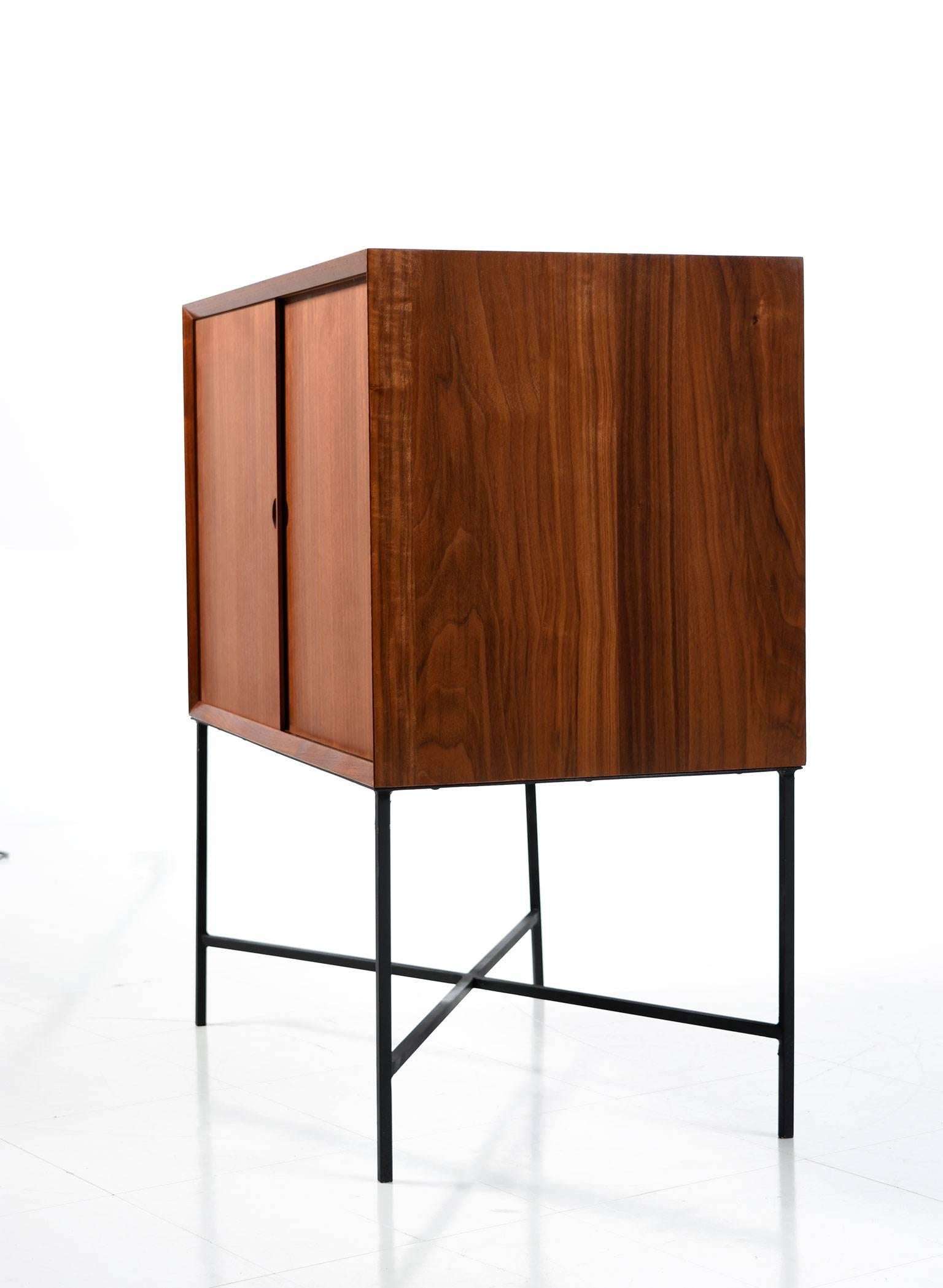 Wrought Iron Mid-Century Modern Teak Record Cabinet on Custom Base