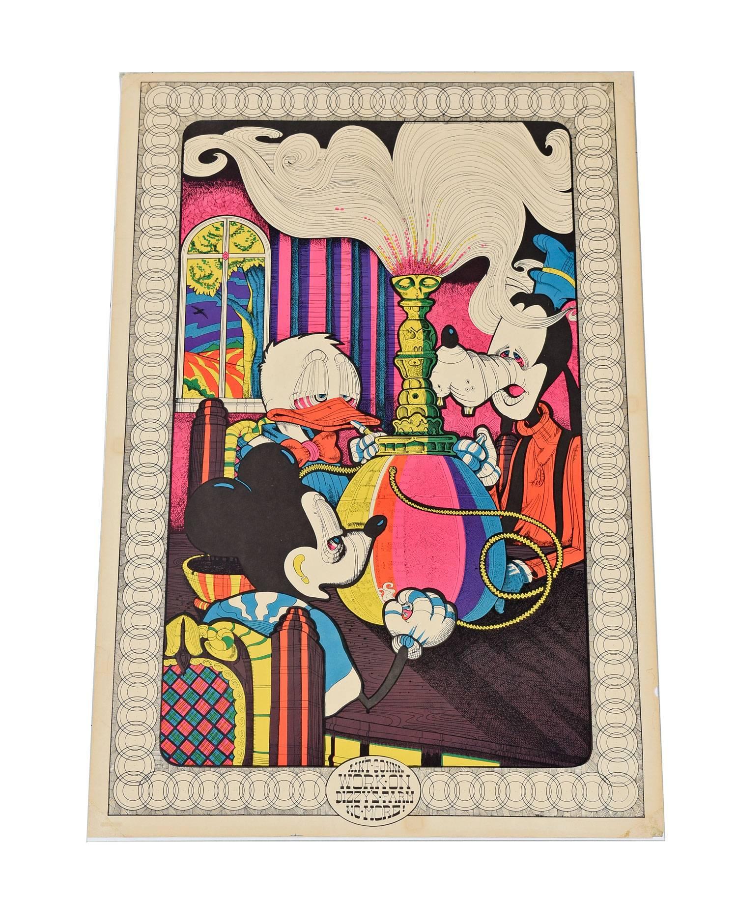 A framed poster under glass in neon colors featuring Micky, Goofy and Donald Duck (Disney characters) sitting around a table and smoking from a large hookah. Their eyes are drooping and red suggesting the hookah is filled with a narcotic infused