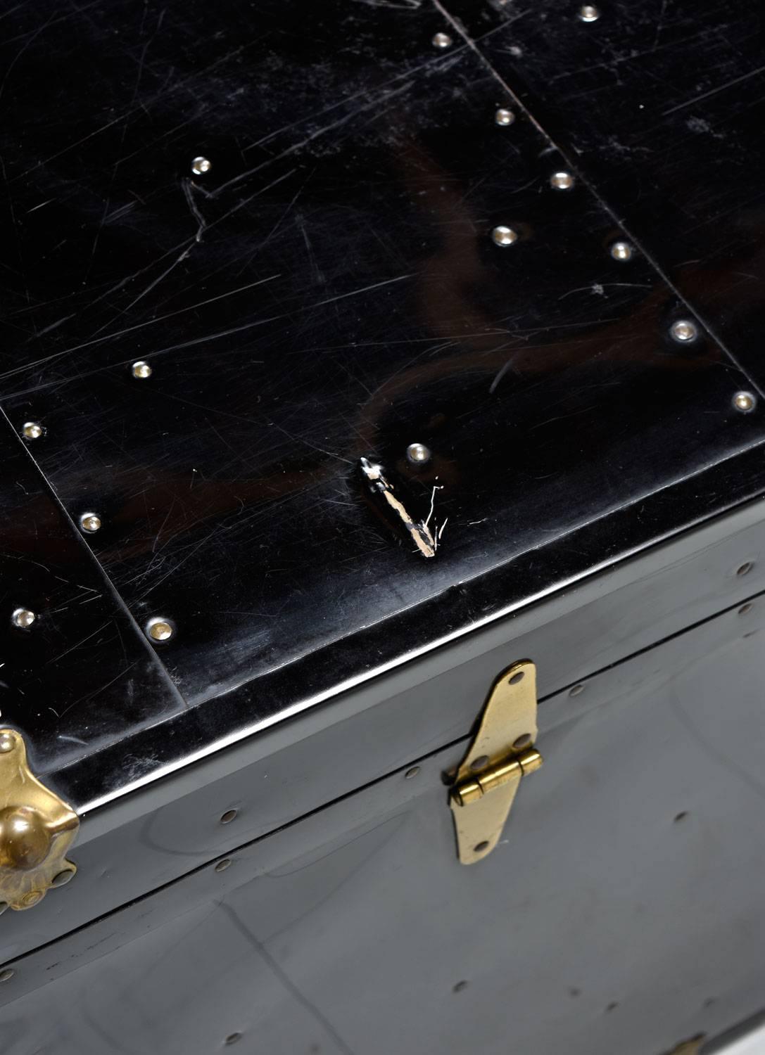 Black Enamel Leather Handle Campaign Style Steamer Military Trunk In Good Condition In Chattanooga, TN