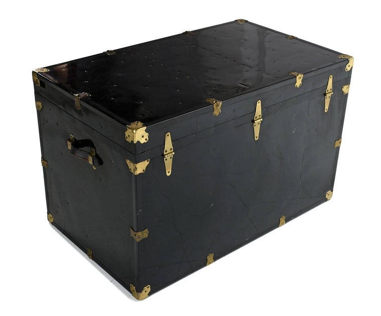 Black Enamel Leather Handle Steamer Trunk, 1960s For Sale at 1stdibs