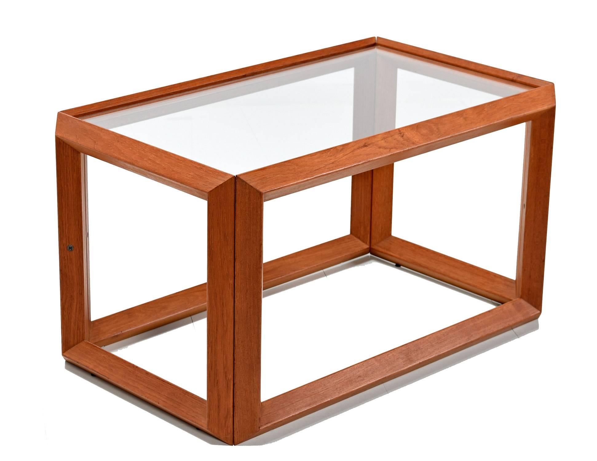 Mid-Century Modern Solid Teak and Glass Cubist Architectural Living Room Coffee Table End Table Set