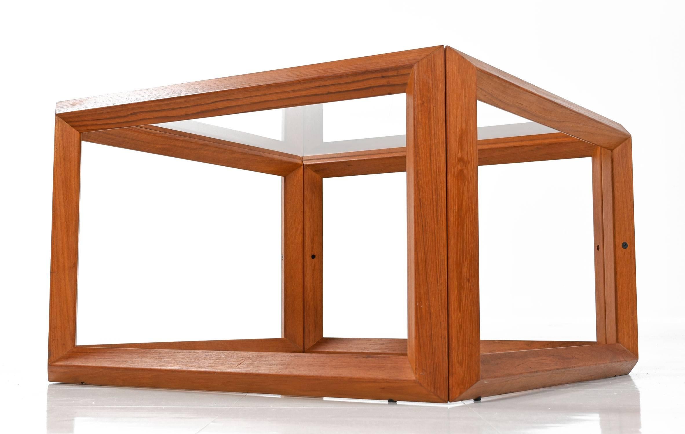 Late 20th Century Solid Teak and Glass Cubist Architectural Living Room Coffee Table End Table Set