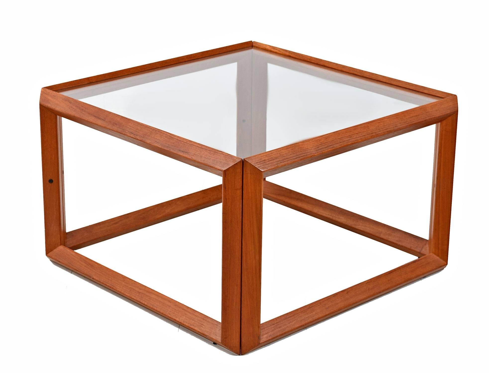 Thai Solid Teak and Glass Cubist Architectural Living Room Coffee Table End Table Set