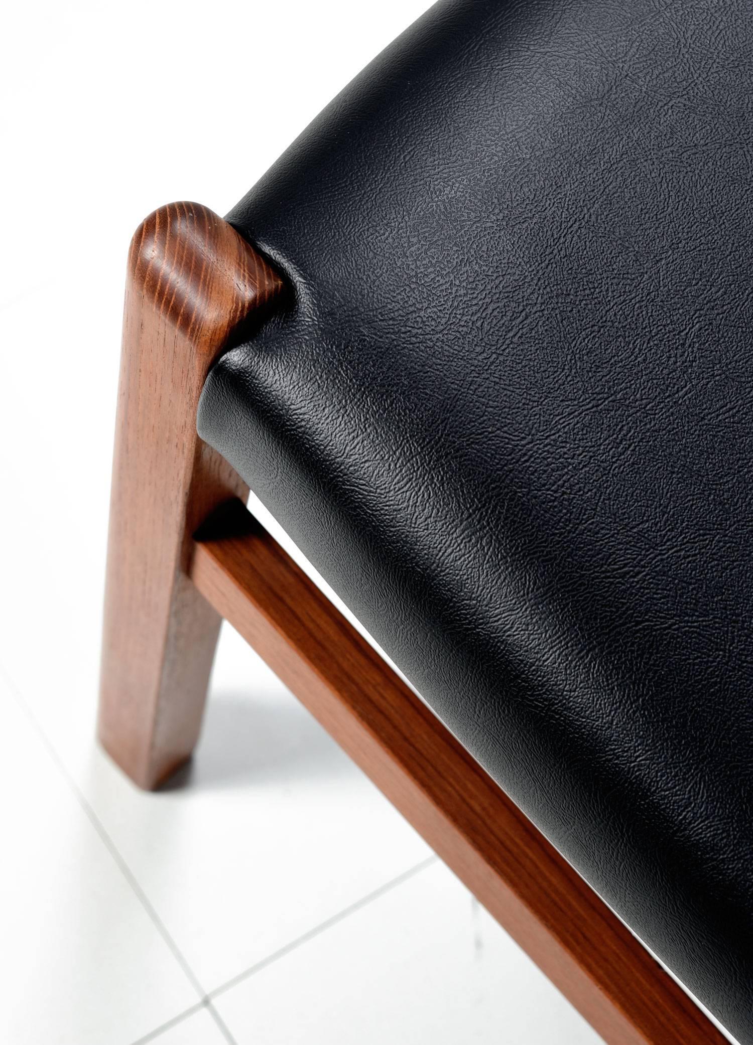 Scandinavian Set of 6 Solid Teak Danish Curved Back Dining Chairs, New Black Vinyl Upholstery
