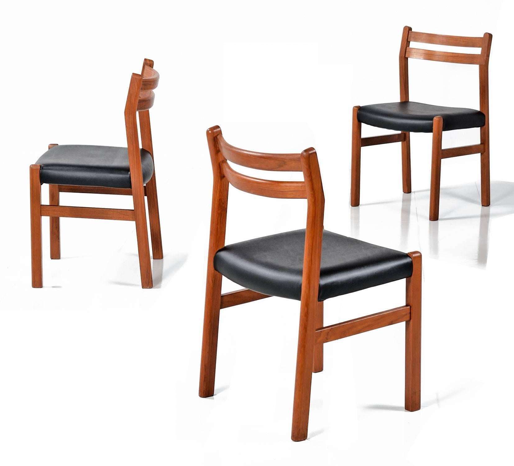 Mid-Century Modern Set of 6 Solid Teak Danish Curved Back Dining Chairs, New Black Vinyl Upholstery