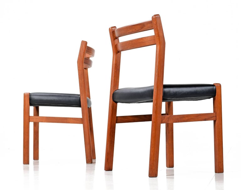 ‘6’ Solid Teak Danish Curved Back Dining Chairs, New Black Vinyl