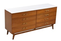 RWAY Mid-Century Modern Walnut Double Dresser with Brass Pulls