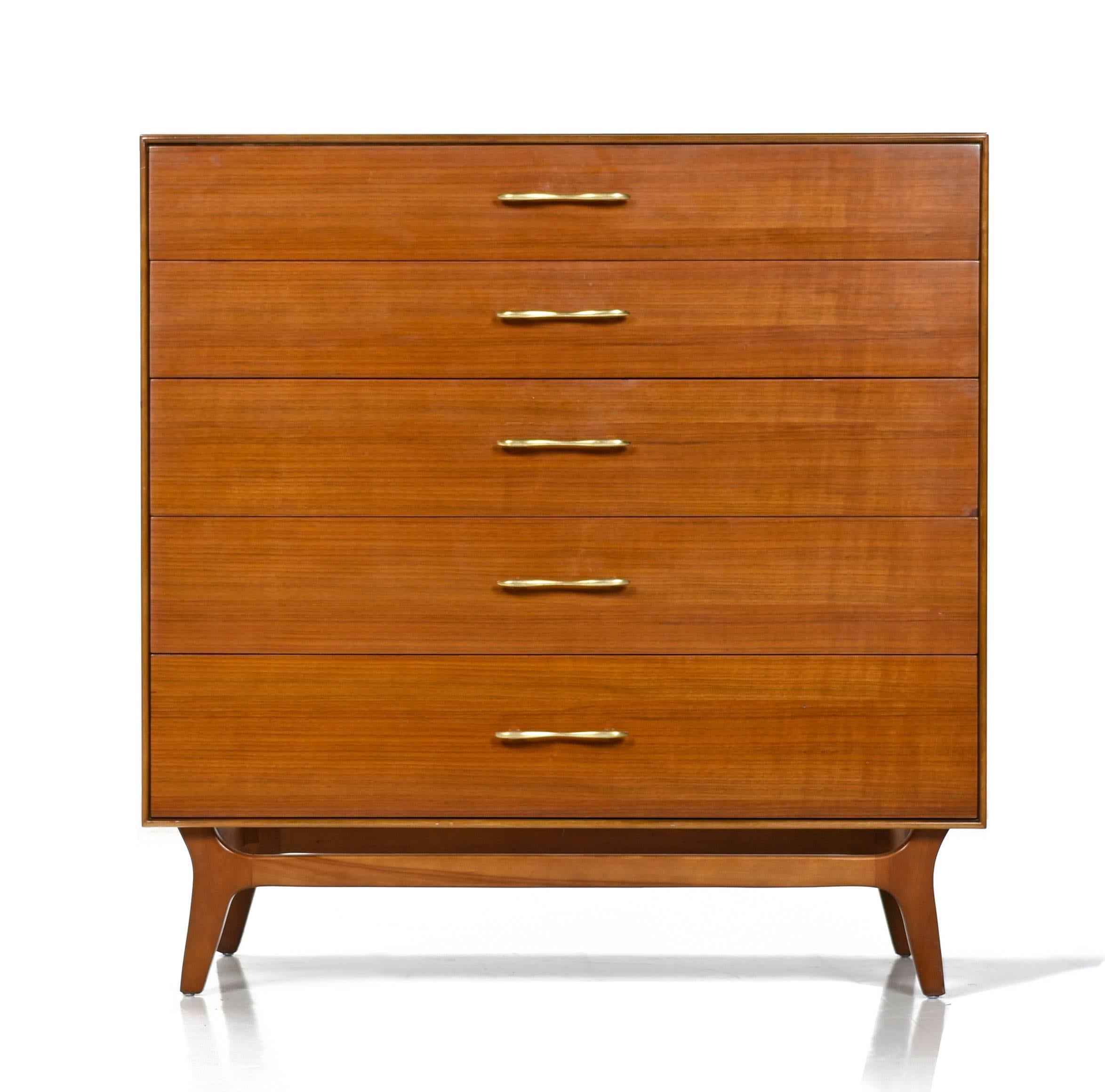 Rway Mid-Century Modern Walnut Chest of Drawers Highboy Dresser with Brass Pulls In Excellent Condition In Chattanooga, TN