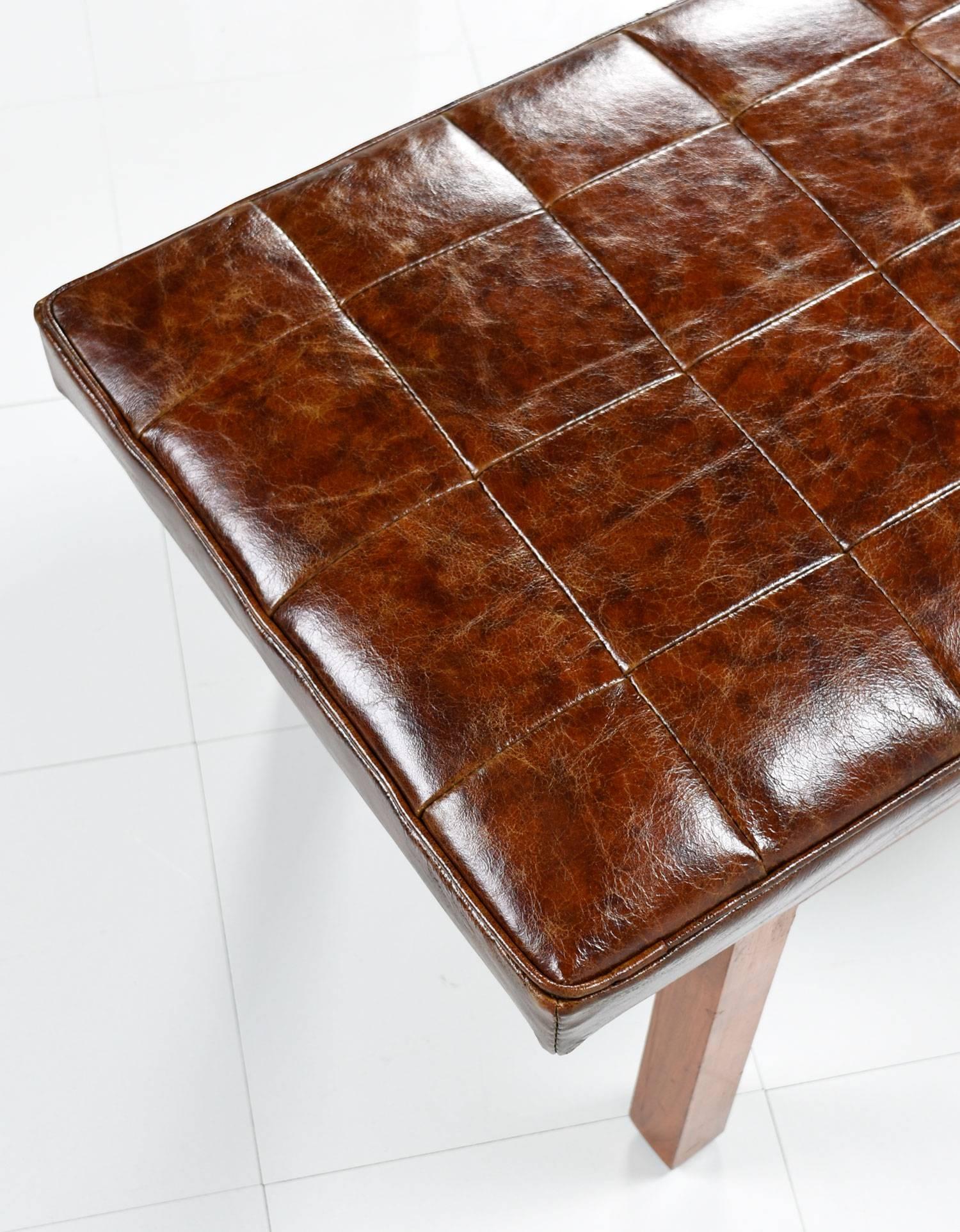 American Leather Mid-Century Modern Walnut Risom Style Bench Ottoman