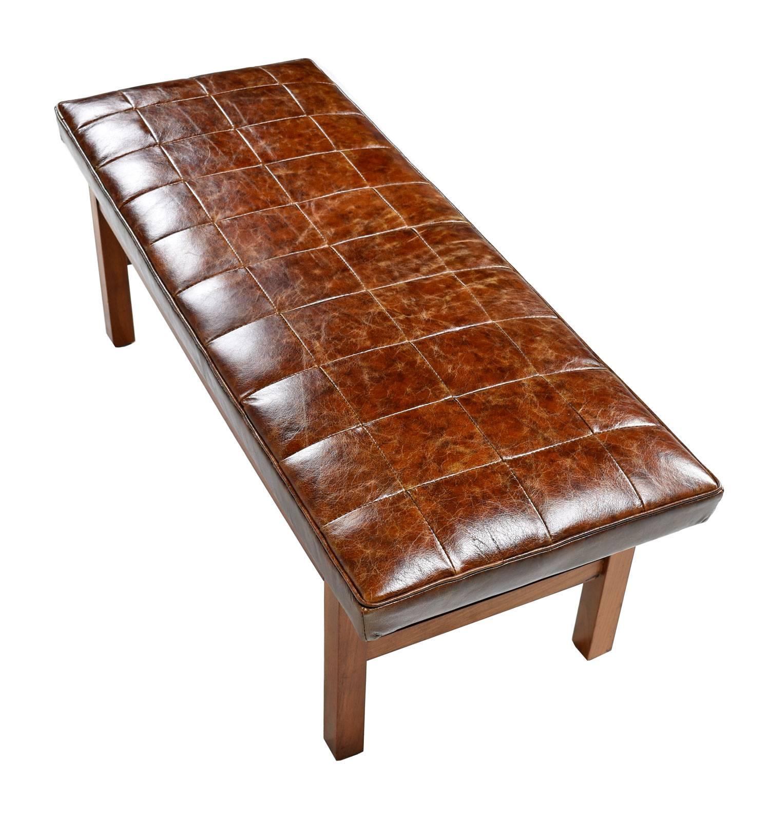Mid-20th Century Leather Mid-Century Modern Walnut Risom Style Bench Ottoman