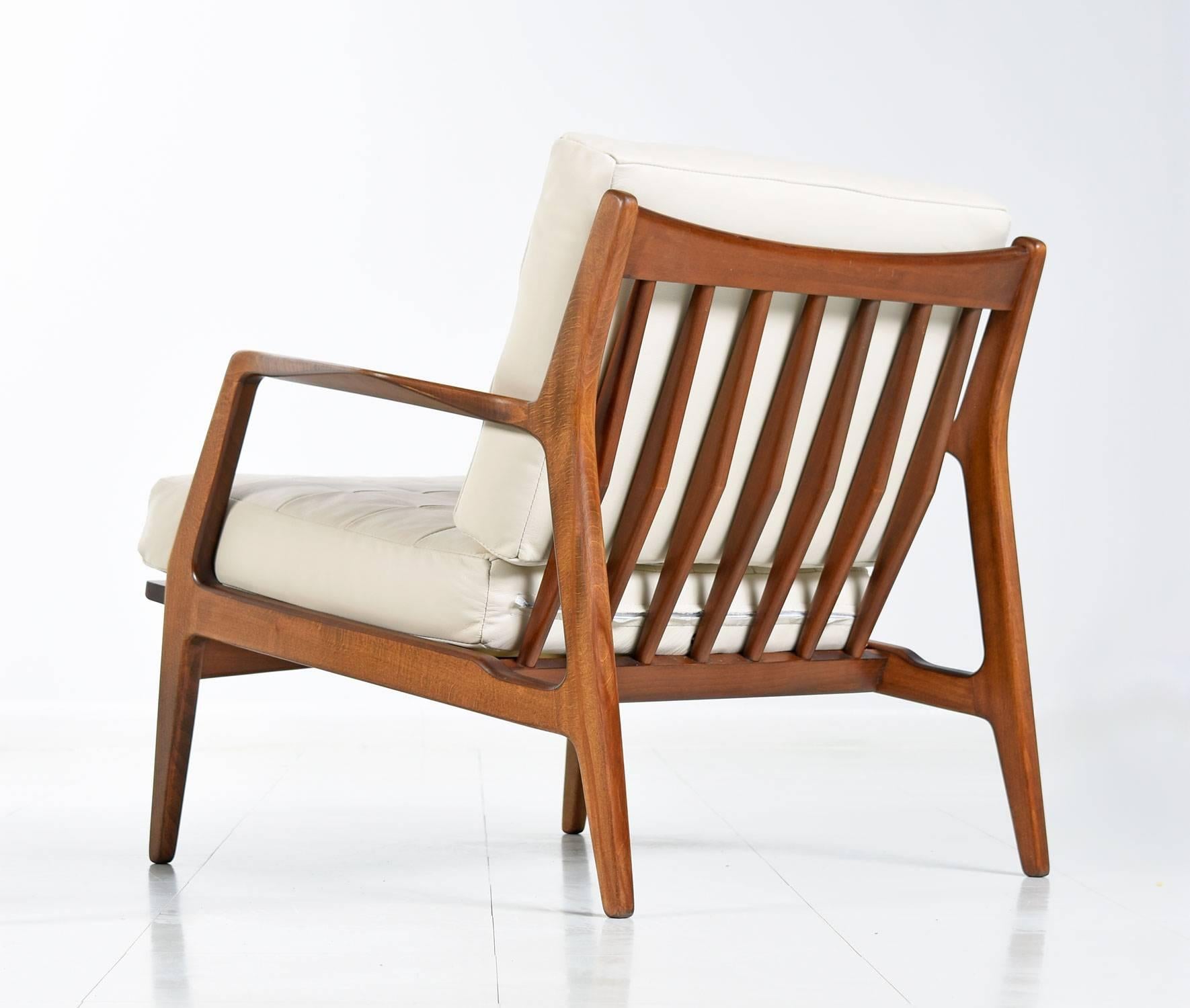 Mid-20th Century Ib Kofod-Larsen Bone / Ivory Leather Danish Chair and Ottoman