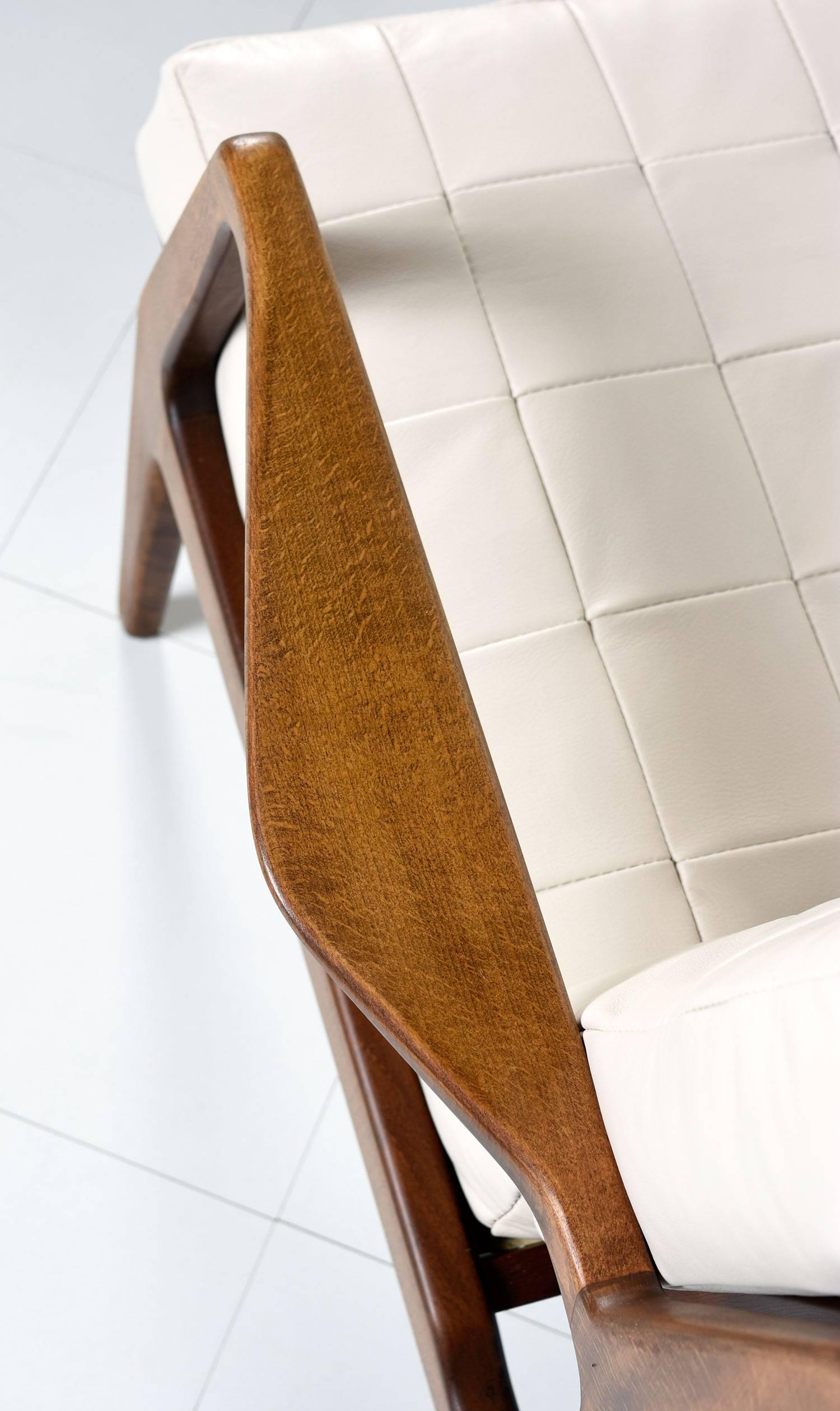 Beech Ib Kofod-Larsen Bone / Ivory Leather Danish Chair and Ottoman
