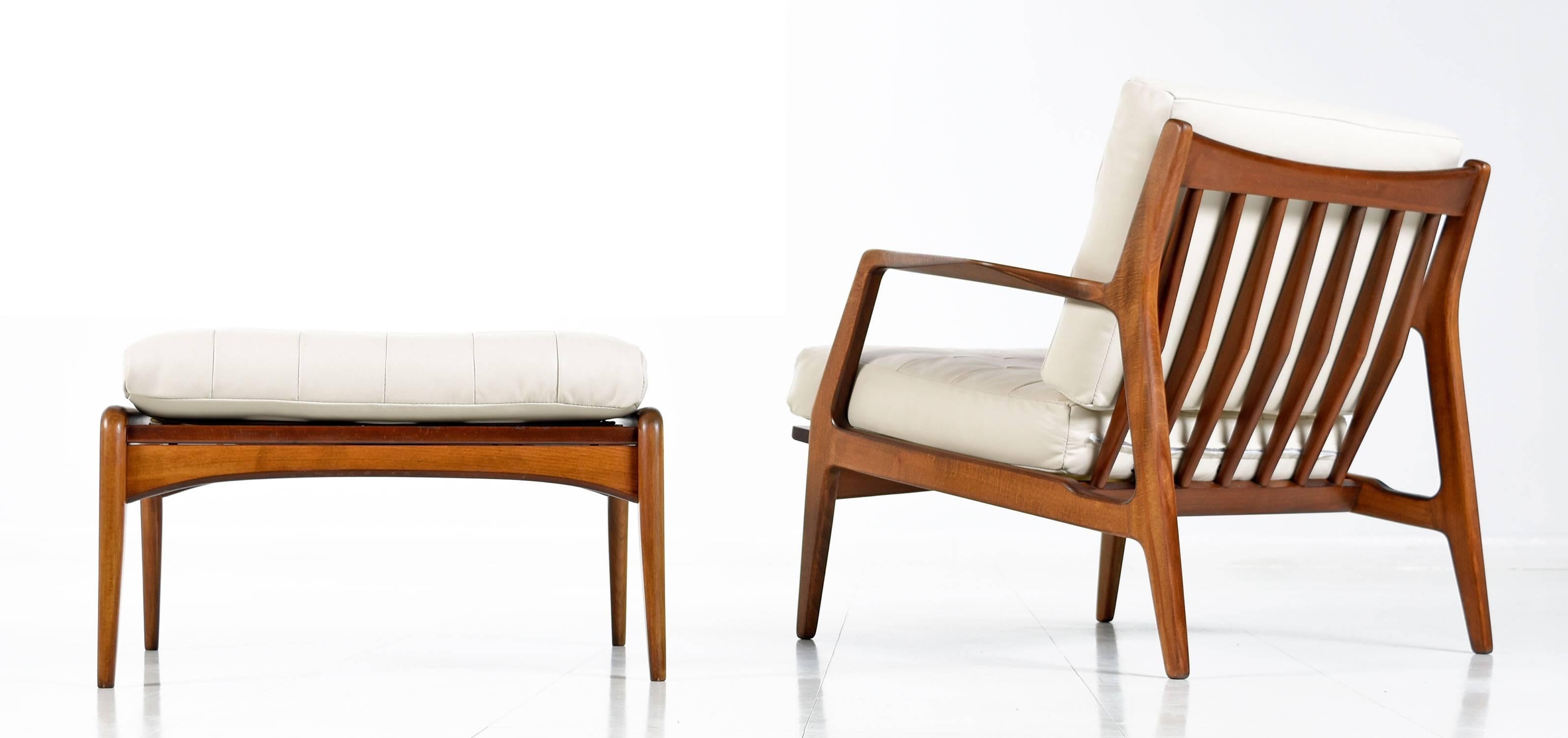 Scandinavian Modern Ib Kofod-Larsen Bone / Ivory Leather Danish Chair and Ottoman