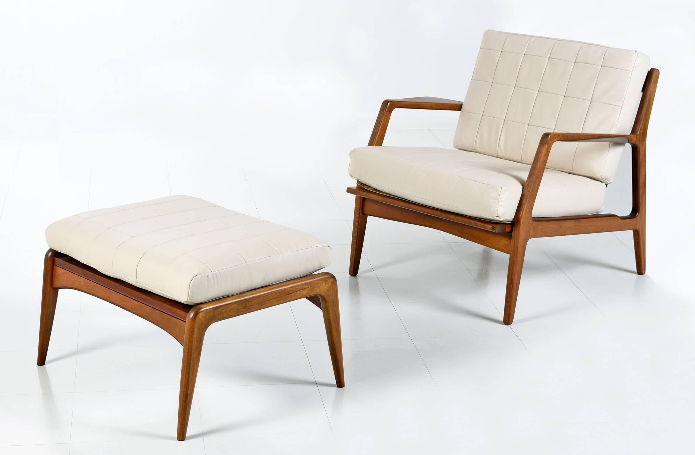 Ib Kofod-Larsen Bone / Ivory Leather Danish Chair and Ottoman 1