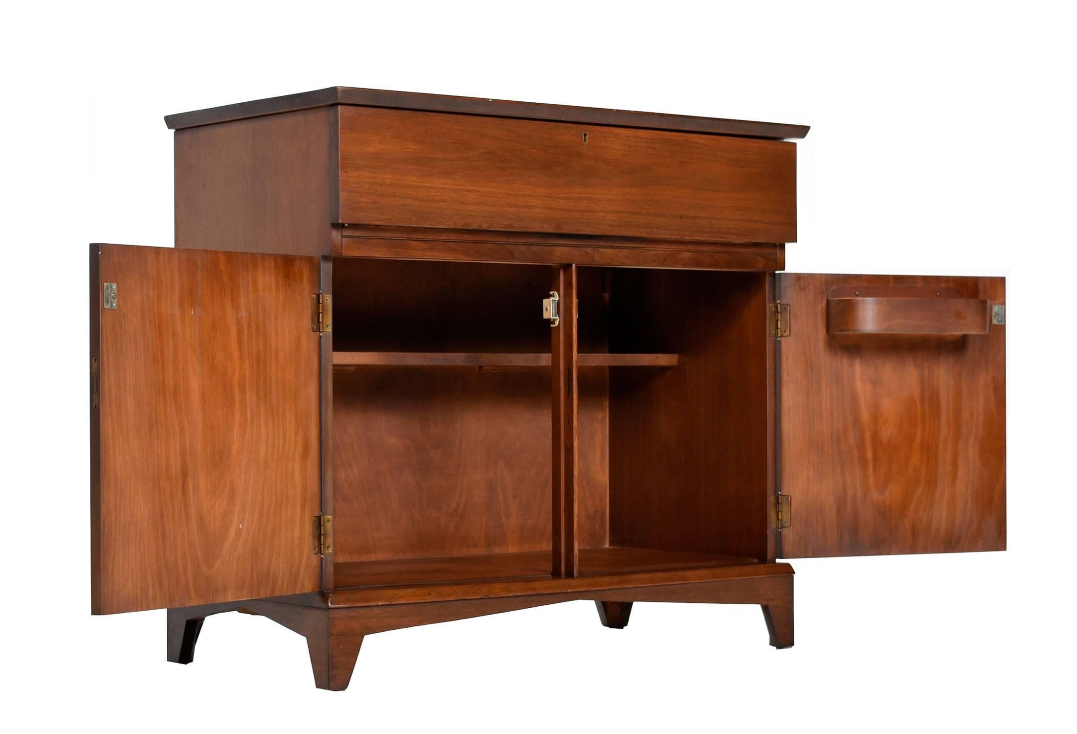 Midcentury Walnut Art Deco Style Locking Bar Cabinet 1