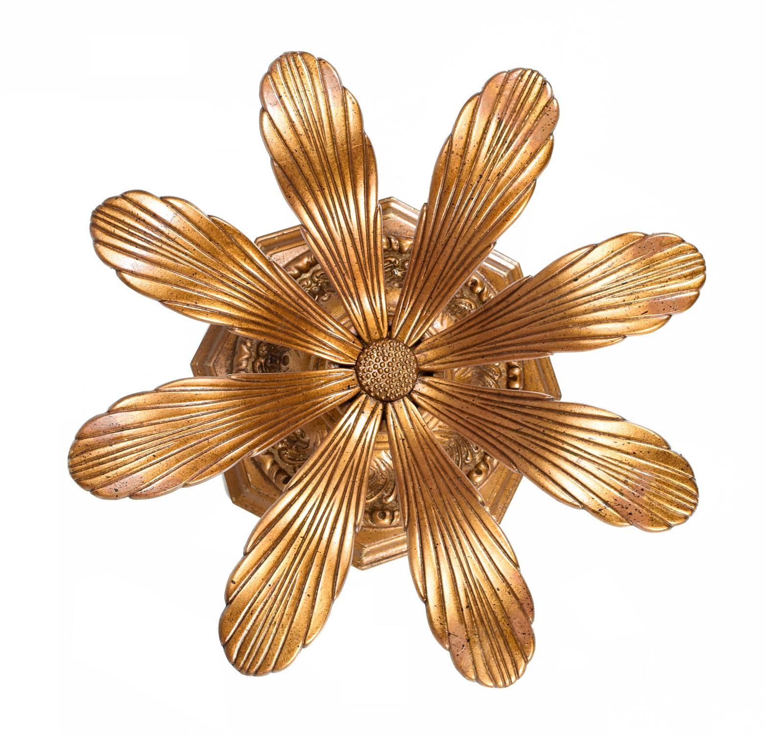 American Hollywood Regency Gilt Metal Blossoming Flower Petal Glass Top Coffee Table