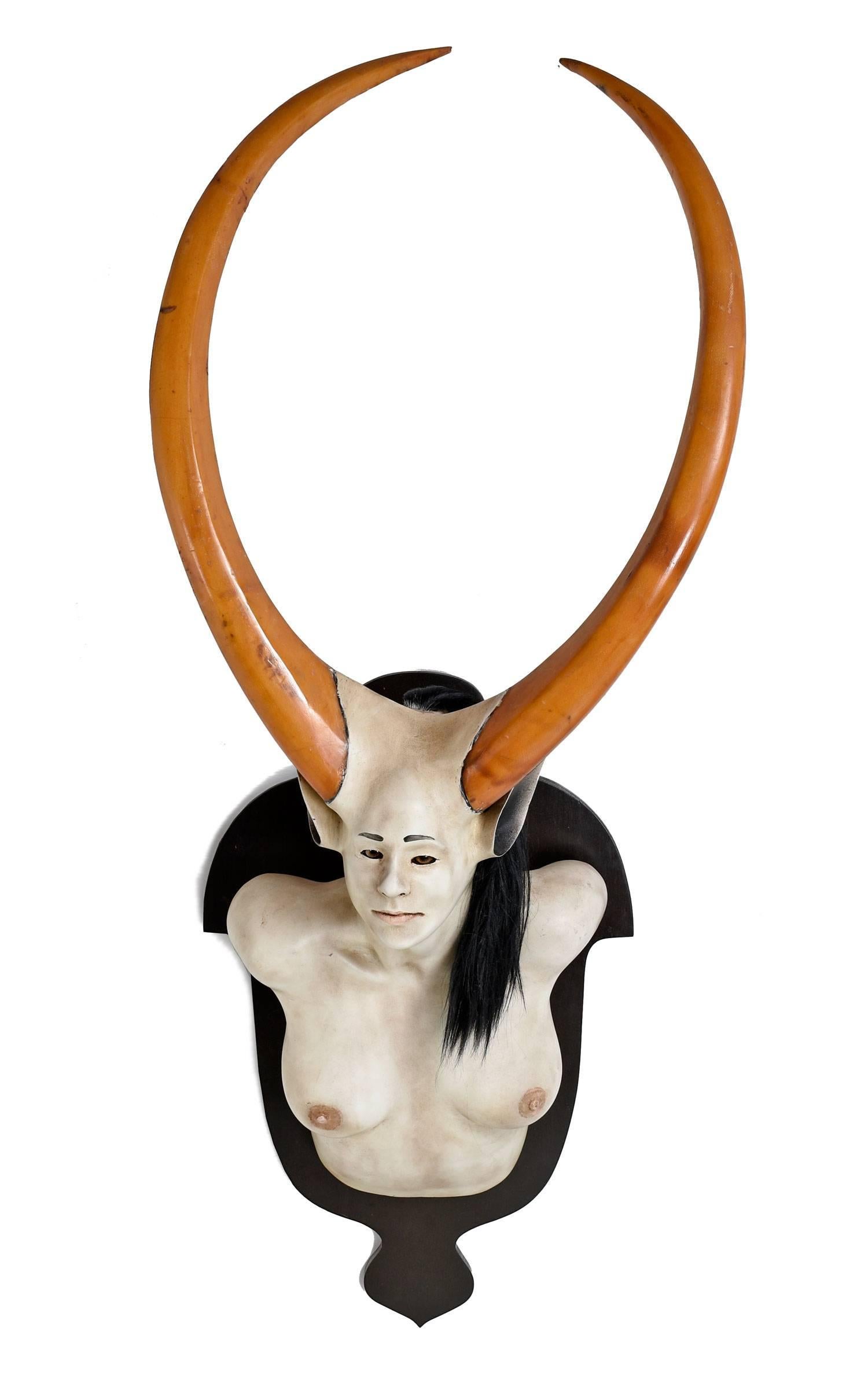 Futurist Daniel Painter Original Wall-Mounted Fantasy Horned Female Bust Figure