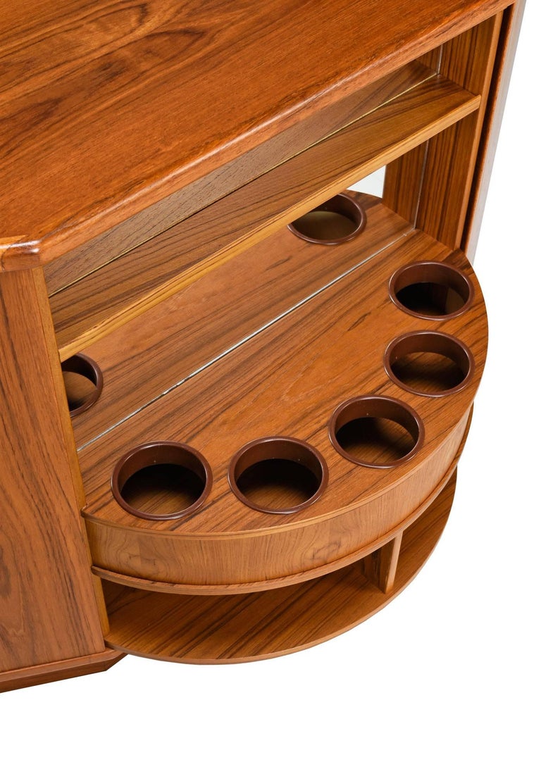 Revolving Danish Teak Corner Bookcase with Mirrored Bar Reveal