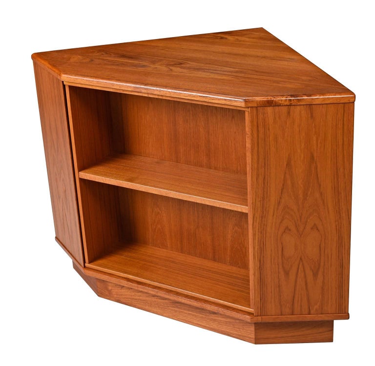 Revolving Danish Teak Corner Bookcase with Mirrored Bar Reveal