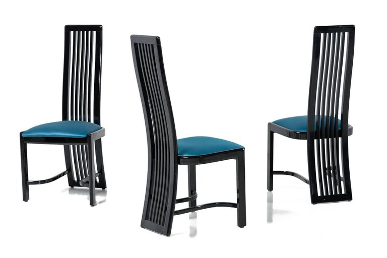 Asian Modern Black Lacquer High Back Dining Chairs Made in Spain, 1980s