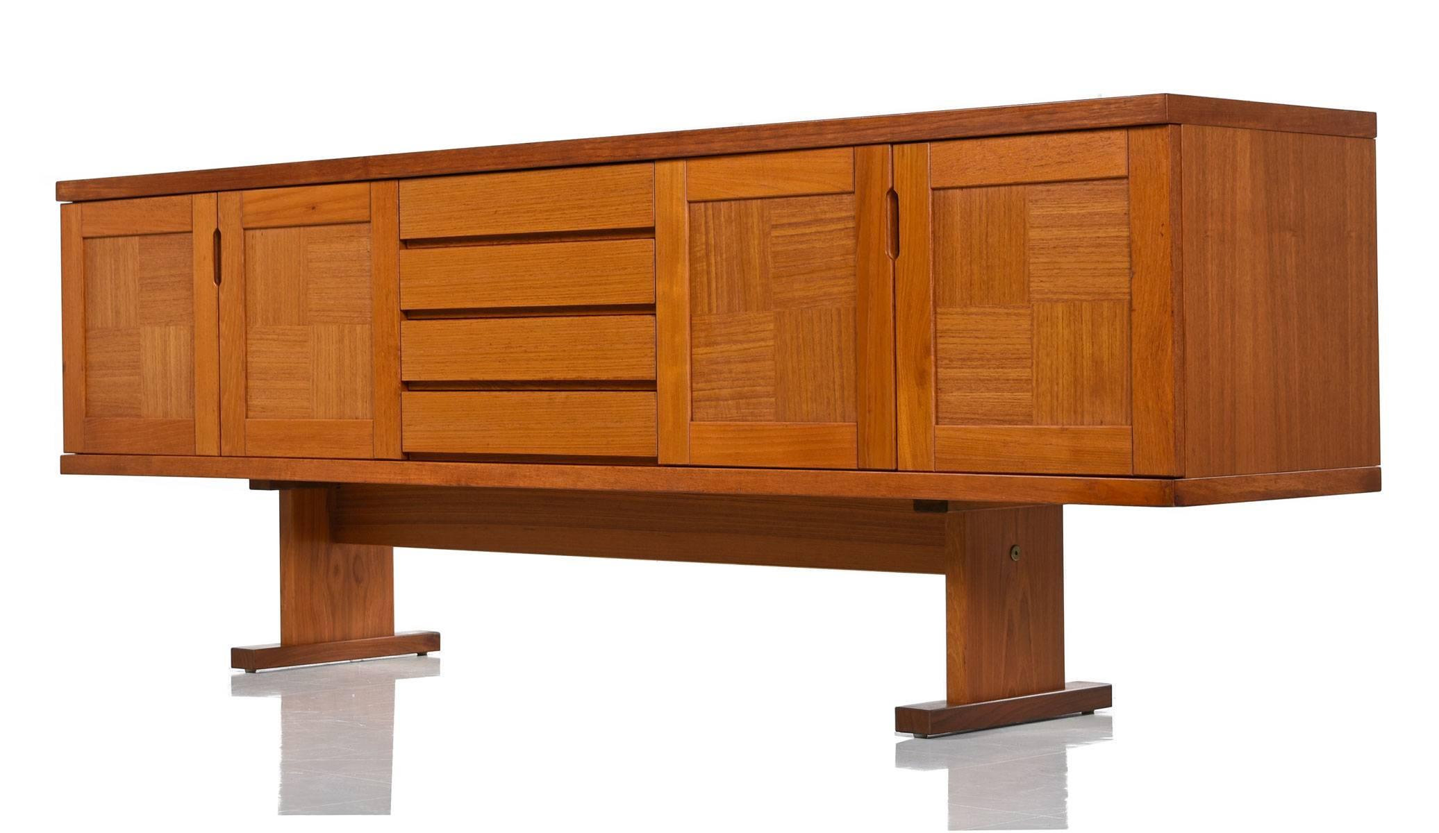 Scandinavian Modern Gangso Mobler Long Danish Teak Autumnal Themed Tile Top Parquet Buffet Credenza