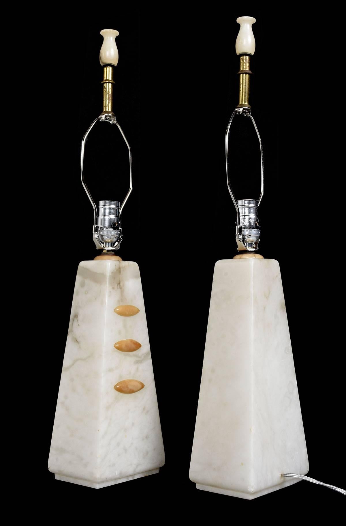 Alabaster Pyramid Table Lamps and Finials, Art Deco to Modern Transitional Style For Sale 2