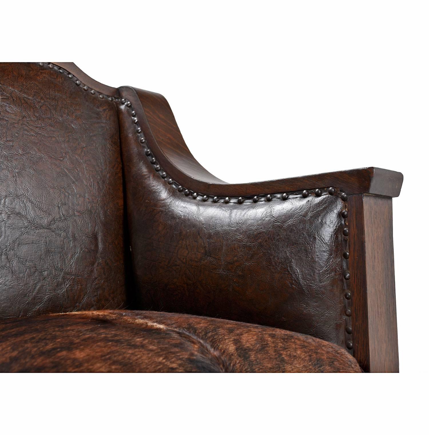 American Early 1800s Handmade Empire Style Leather Thrown Chair Re-Invented in Cowhide